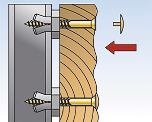 Ilustrácia montáže rozperného kolíka so skrutkou do dreva a kovu