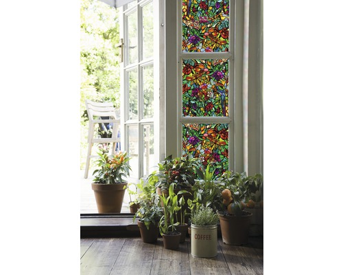 Dekoračná fólia s rastlinným vzorom na oknách, obklopená črepníkovými rastlinami a otvorenými dverami