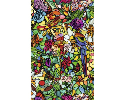 Samolepiaca fólia priehľadná GLASDEKOR TULIA 45x200 cm Dekoračná fólia s kvetmi, papagájom a vážkami v dizajne vitráží