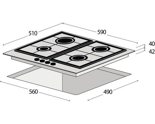 Technický nákres varnej dosky s rozmermi.