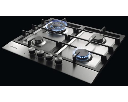 Nerezová plynová varná doska so štyrmi horákmi a ovládacími gombíkmi