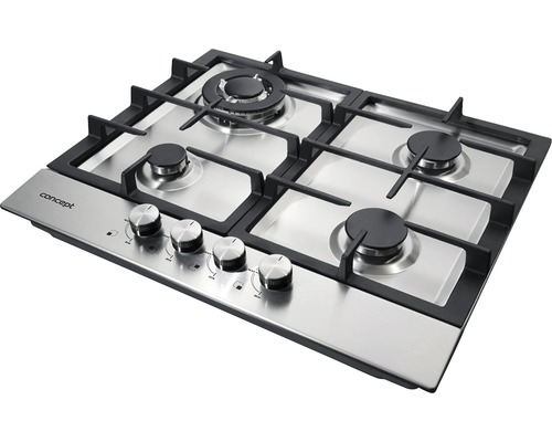 Nerezová plynová varná doska so štyrmi horákmi a otočnými gombíkmi na ovládanie.
