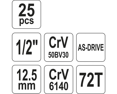 Informácie o sade nástrčných kľúčov: 25 kusov, 1/2 palca, chróm-vanádiová oceľ 50BV30, AS-Drive, 12,5 mm, chróm-vanádiová oceľ 6140, 72 zubov