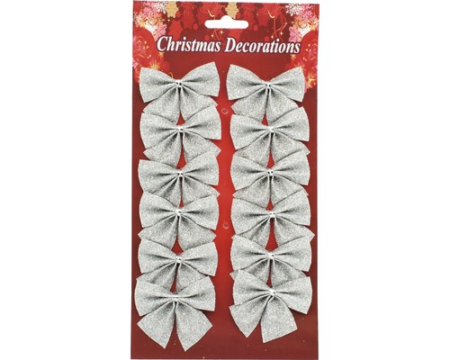 Mašľa strieborná s trblietkami 5 cm 12 ks Balenie dvanástich strieborných mašlí na vianočné ozdoby