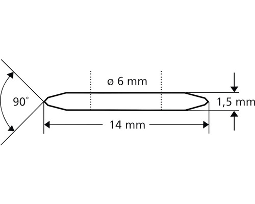 Technický výkres s rozmermi: priemer 6 mm, dĺžka 14 mm, výška 1,5 mm, uhol 90 stupňov