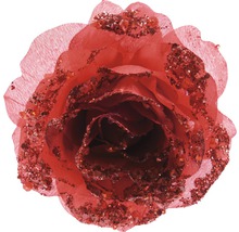 Dekoratívna červená látková ruža s trblietkami