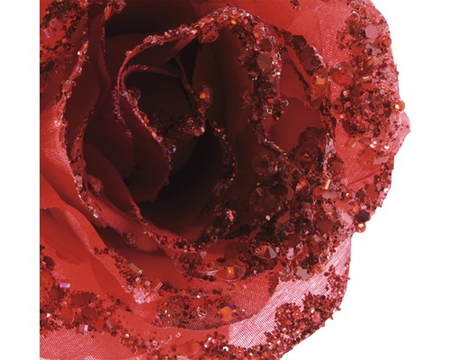 Dekoratívna, červená umelá ruža s trblietavými akcentmi.