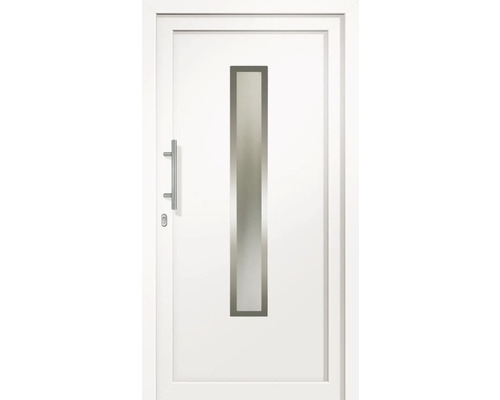 Biele vchodové dvere so sklenenou výplňou a kľučkou