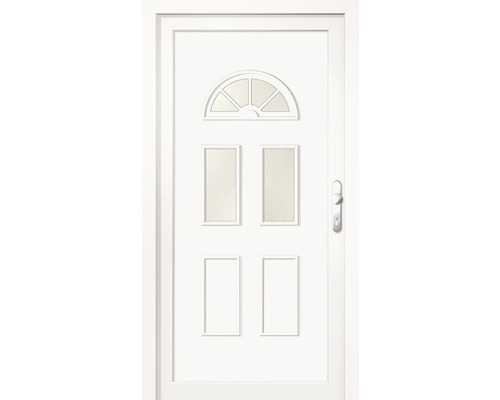 Biele vchodové dvere so sklenenými vložkami a kľučkou