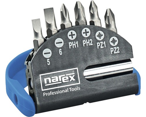 Logo Narex. Súprava bitov s rôznymi nadstavcami skrutkovačov.