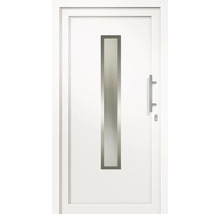 Biele vchodové dvere s vertikálnym skleneným panelom a kľučkou