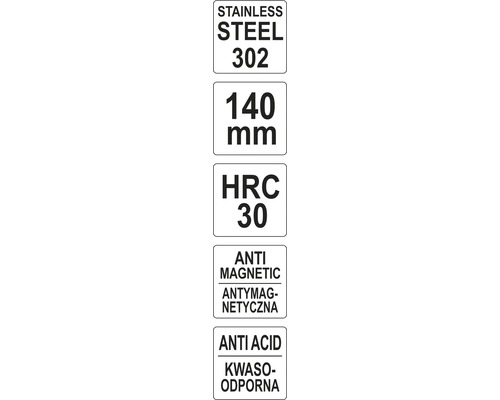 Informácie o nerezovej oceli 302, dĺžka 140 mm, HRC 30, antimagnetická a kyselinovzdorná