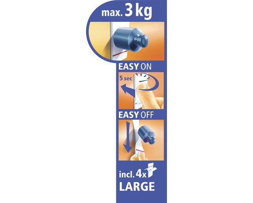 Ilustrácia znázorňujúca, ako pripevniť a odstrániť lepiaci háčik s maximálnou nosnosťou 3 kilogramy, vrátane štyroch veľkých lepiacich prúžkov