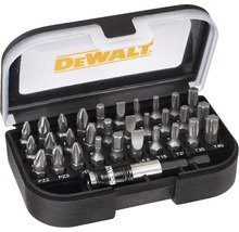 Logo DeWalt. Súprava bitov s rôznymi skrutkovacími bitmi v úložnom boxe.