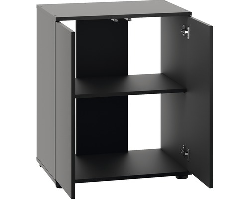 Čierna spodná skrinka s dvomi otvorenými dvierkami a dvomi policami