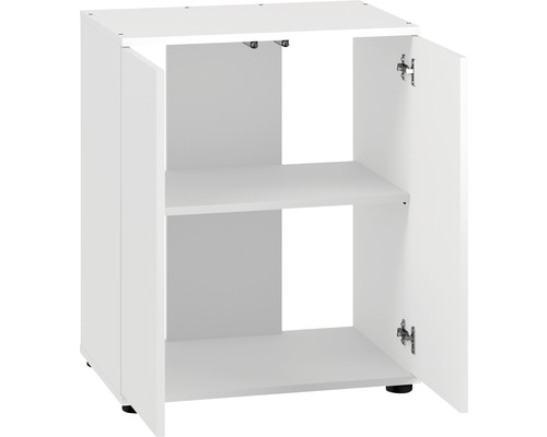 Biela spodná skrinka s dvomi otvorenými dvierkami a jednou policou