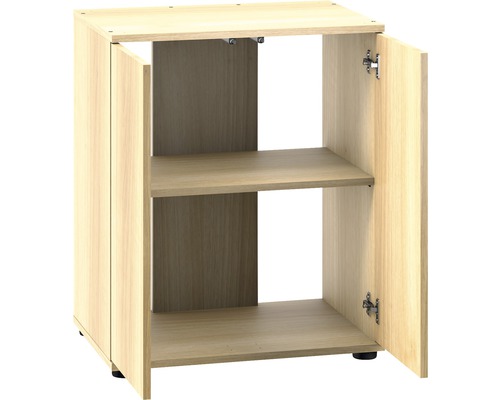 Otvorená spodná skrinka z dreva s dvoma policami a dvoma dvierkami