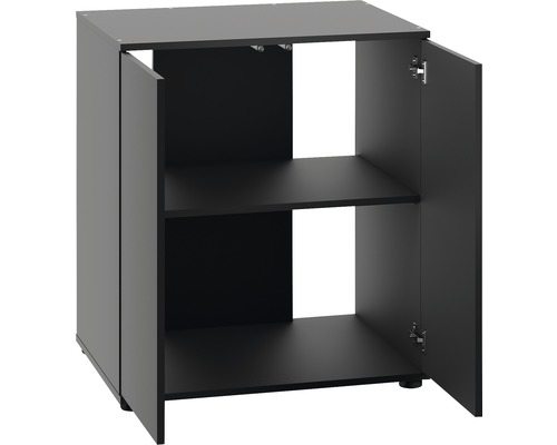 Čierna spodná skrinka s dvoma otvorenými dvierkami a dvoma policami