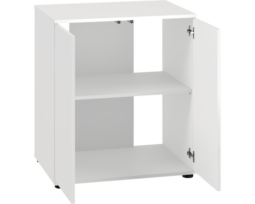 Biela spodná skrinka s dvomi otvorenými dverami a jednou policou