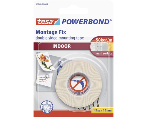 Obojstranná lepiaca penová páska tesa, interiér 19 mm x 1,5 m Tesa Powerbond Montage Fix obojstranná montážna lepiaca páska pre vnútorné použitie, 1,5 metra krát 19 milimetrov