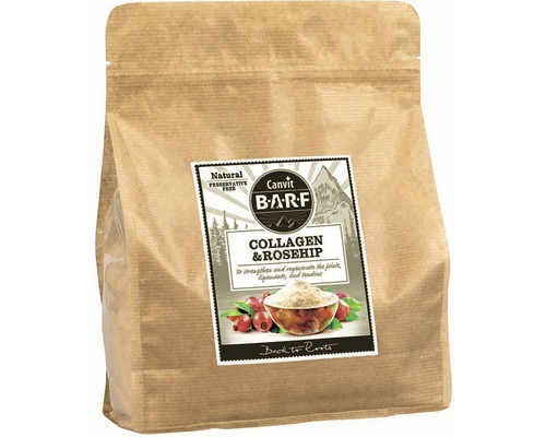 Doplnok stravy pre psov a mačky Canvit Barf Collagen & Rosehip 800 g Výživový doplnok Canvit Barf kolagén a šípka pre psov v balení
