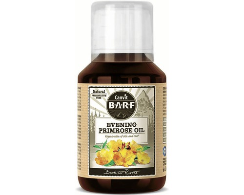 Doplnok stravy pre psov a mačky Canvit Barf Evening Primose Oil 100 ml Canvit Barf Pupalkový olej pre psy na regeneráciu kože a srsti