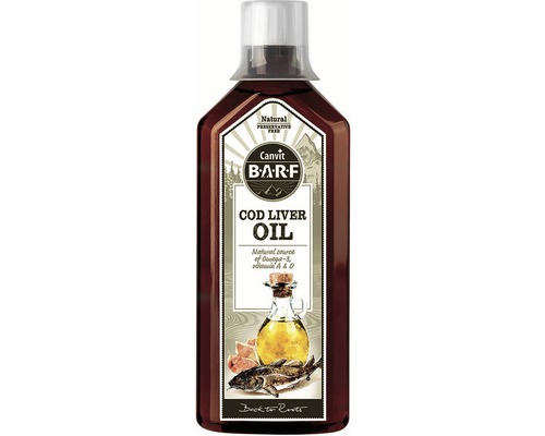 Doplnok stravy pre psov a mačky Canvit Barf Cod Liver Oil 0,5 l Canvit olej z treščej pečene pre psy a mačky, prírodný zdroj Omega-3 a vitamínov A a D