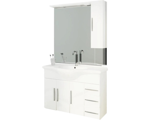 Biele umývadlo so zrkadlom, závesná skrinka a spodná skrinka s dvierkami a zásuvkami