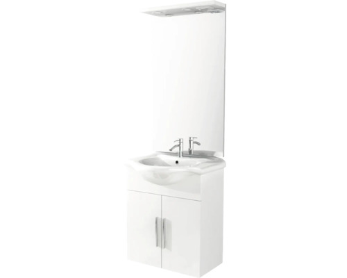 Biele umývadlo so zrkadlom a spodnou skrinkou do kúpeľne