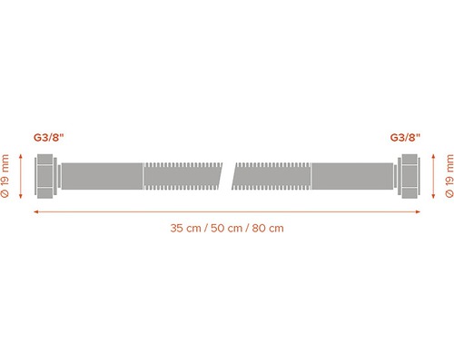 Technický nákres sanitárnej pripojovacej hadice s pripojením G3/8 palca a priemerom 19 milimetrov a údajmi o dĺžkach 35 centimetrov, 50 centimetrov a 80 centimetrov.