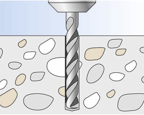 Ilustrácia vŕtačky vŕtajúcej otvor do betónu.