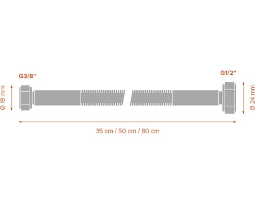 Obrázok flexibilného pripojenia s rozmermi G3/8 palca a G1/2 palca a dĺžkou 35 centimetrov, 50 centimetrov alebo 80 centimetrov