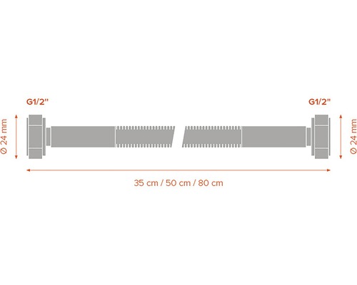Obrázok predĺženia sifónu s pripojením G1/2 palca a priemerom 24 milimetrov v dĺžkach 35 centimetrov, 50 centimetrov a 80 centimetrov