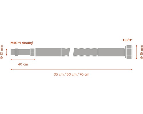 Technický nákres dlhej skrutky M10x1 s pripojením G3/8 palca a dĺžkami 35 centimetrov, 50 centimetrov a 70 centimetrov
