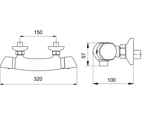 Technický nákres nástennej vaňovej batérie s rozmermi