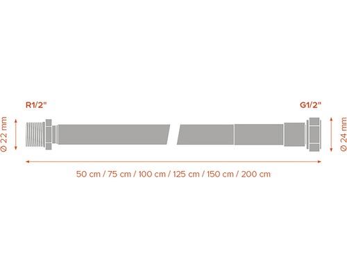 Obrázok pancierovej hadice s pripojením R1/2 palca a G1/2 palca a dĺžkami 50 centimetrov, 75 centimetrov, 100 centimetrov, 125 centimetrov, 150 centimetrov a 200 centimetrov.