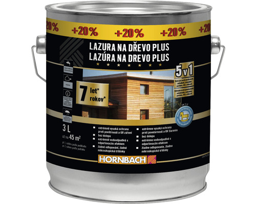 Lazúra na drevo v kovovom vedre s informáciami o produkte a logom Hornbach