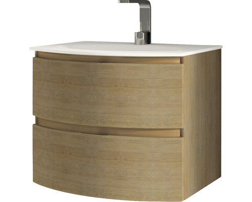 Skrinka pod umývadlo s dvomi zásuvkami, keramické umývadlo a vodovodná batéria