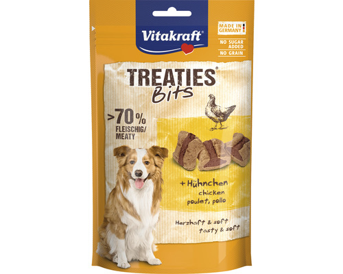 Maškrta pre psov Vitakraft Treaties Bits kuracie so slaninou 120 g Vitakraft Treaties Bits pochúťka pre psov s kuracím mäsom, bez pridaného cukru a obilia