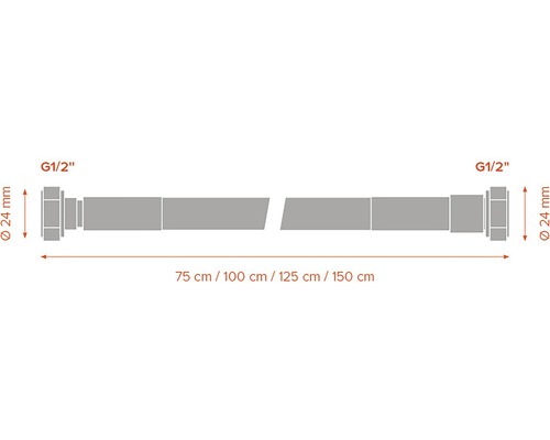 Rúrkový konektor so závitom G1/2 palca a priemerom 24 mm, dĺžka 75 cm, 100 cm, 125 cm alebo 150 cm