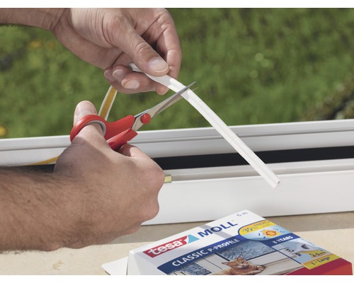 Osoba strihá nožnicami tesniacu pásku Tesa Moll Classic P-Profile.
