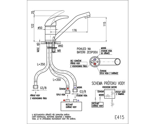 Technický nákres vodovodnej batérie s rozmermi