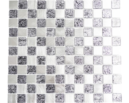 Kovová mozaika so sklom strieborná/čierna lesklá 32,7x30,2 cm Mozaika so štvorcovými prvkami a rôznymi povrchmi