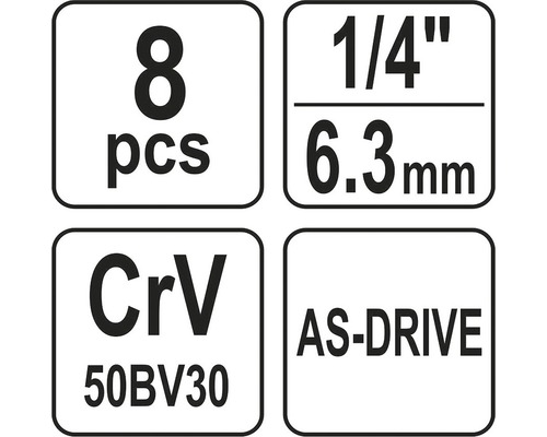 Informácie o sade skrutkovacích bitov: 8 kusov, 1/4 palca, 6,3 mm, chróm-vanádiová oceľ, AS-Drive