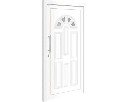Biele vchodové dvere so sklenenou vložkou a kľučkou