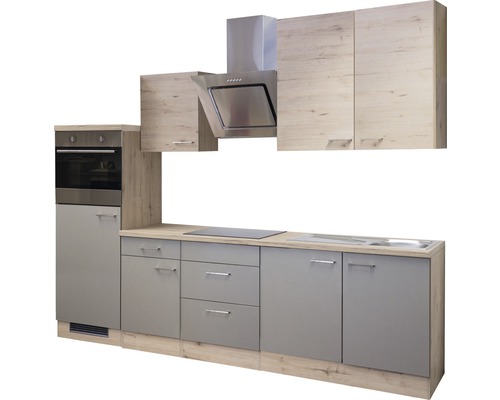 Kompletná kuchynská linka so závesnými skrinkami, digestorom, drezom a sporákom
