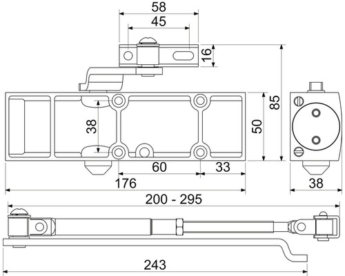 Technický výkres zatvárača dverí s rozmermi