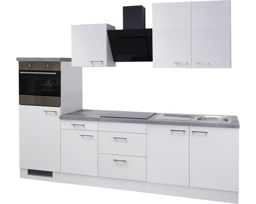 Kuchynská linka s drezom, sporákom, rúrou, digestorom a hornými skrinkami