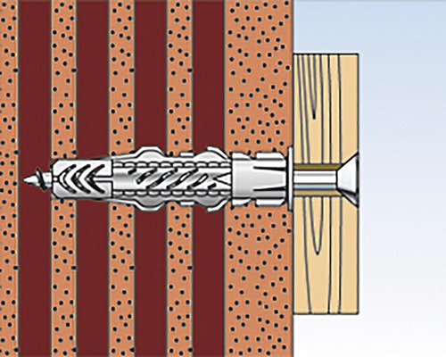 Ilustrácia upevnenia hmoždinky v stene s kusom dreva