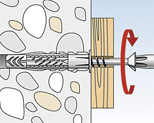 Ilustrácia kotviacej skrutky v betónovej stene s kusom dreva pripevneným skrutkou.